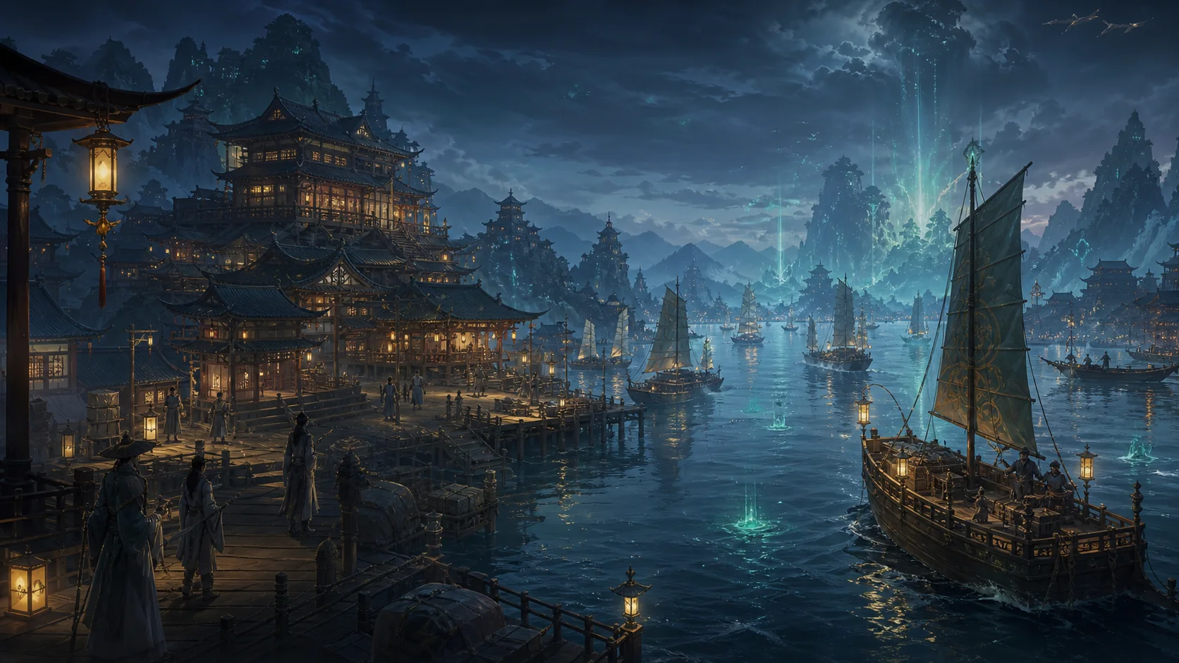 桃源修仙夜色中的四海港